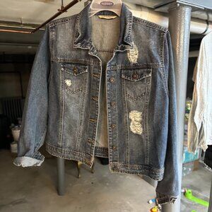 Highway Jeans Distressed Medium Wash Denim Jacket Trucker Button Up Large